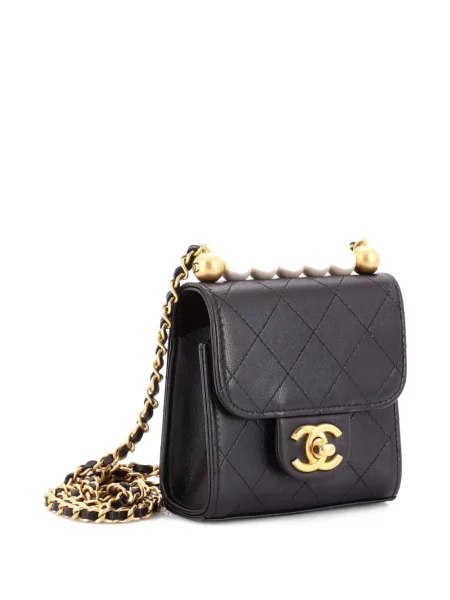 Prošívaný mini náhrdelník Chanel Pre-owned s perlami černý