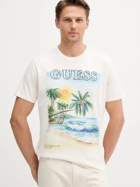 Тениска Guess с десен бежово