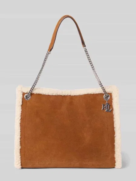 Torebka z futerkiem i aplikacją z logo Lauren Ralph Lauren brązowa