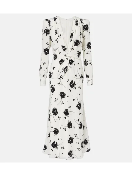 Rochie midi Alessandra Rich de mătase cu model floral până la genunchi alb