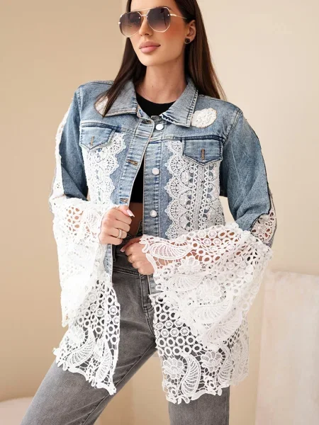 Kurtka jeansowa Kesi Włoski koronkowa niebieska