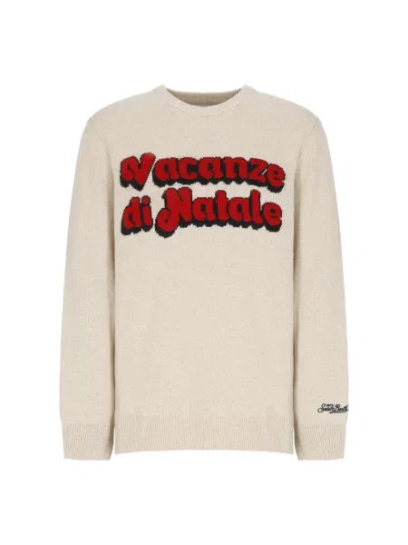 Sweter Mc2 Saint Barth wełniany z nadrukiem elegancki beżowy
