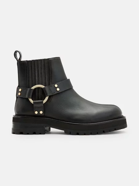 Кожени боти AllSaints Maddie Biker Boot с равна подметка черно
