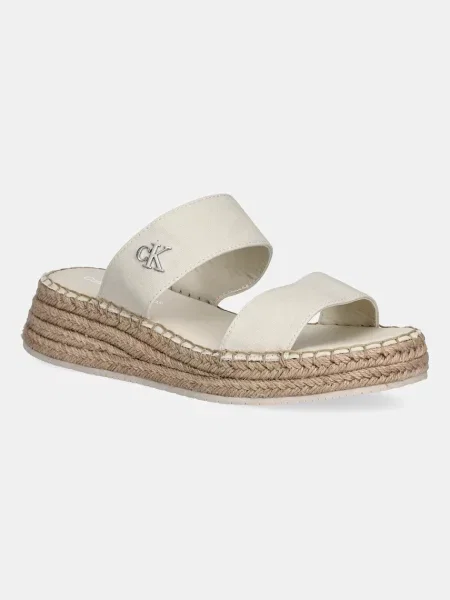 Чехли Calvin Klein Jeans SPORTY ROPE MG LTH WEBBING със скосена платформа бежово