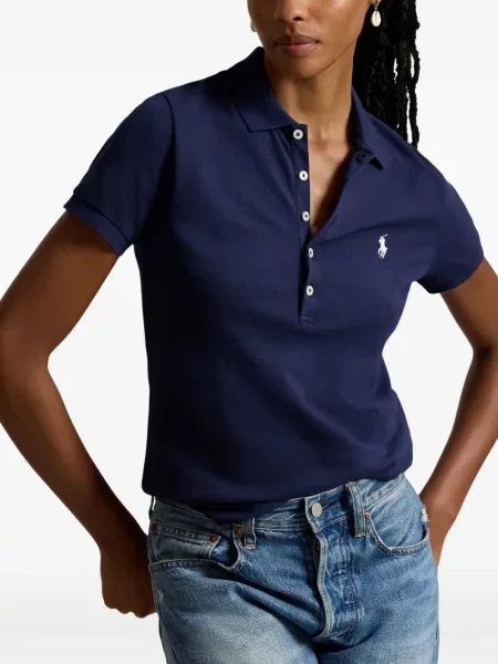 Вълнена поло тениска Polo Ralph Lauren с връзки с принт синьо