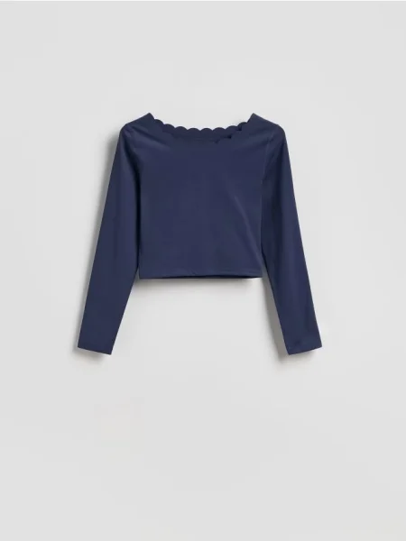 Reserved Tricou cu mânecă lungă și decolteu decorativ bleumarin