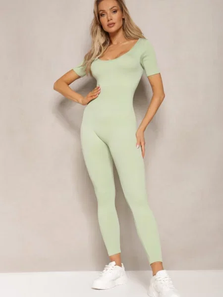 Jasnozielony Prążkowany Kombinezon Bodycon z Długimi Nogawkami i Krótkimi Rękawami Vittone zielony