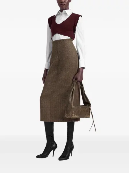 Fustă Maison Margiela de lână cu model herringbone maro