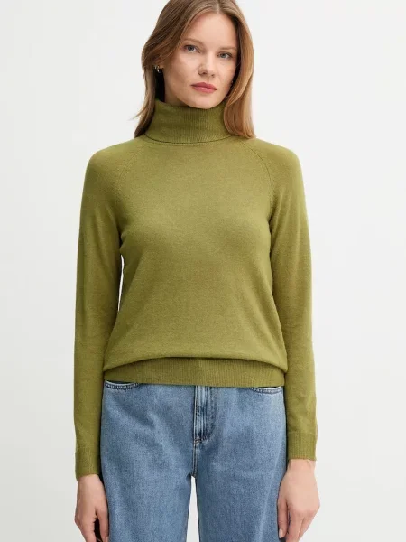 United Colors of Benetton sweter z dodatkiem wełny lekki z golfem zielony