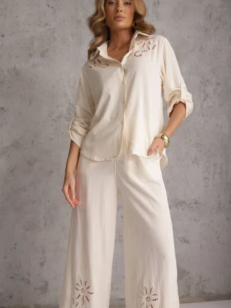 Boho Komplet z Bawełną Koszula i Spodnie z Ażurowymi Zdobieniami Runesa beżowy
