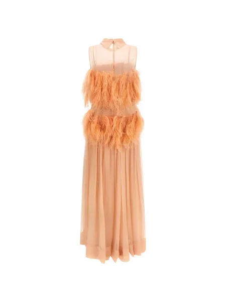 Rochie maxi Alberta Ferretti de mătase cu pene roz