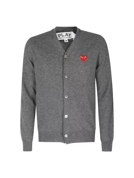 Kardigan Comme Des Garcons Play wełniany z dekoltem w serek szary