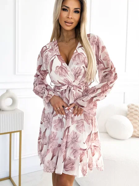 Rochie Numoco Basic din șifon cu model floral cu volane bej