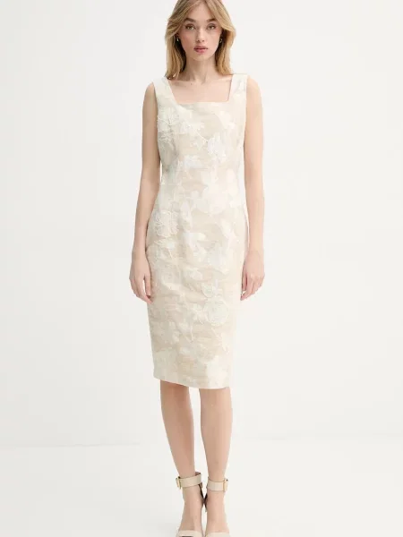 Рокля с лен Blugirl Blumarine къса с кройка по тялото бежово