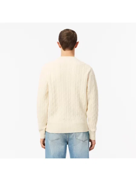 Lacoste Wełniany Sweter Warkoczowy Z Okrągłym Dekoltem Ecru biały