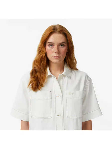 Lacoste Koszula Button-Down Z Krótkim Rękawem Regular Fit Kremowa Kremowy