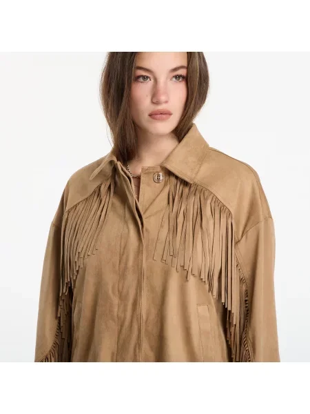 Kabát Guess s kulatým výstřihem s třásněmi béžový