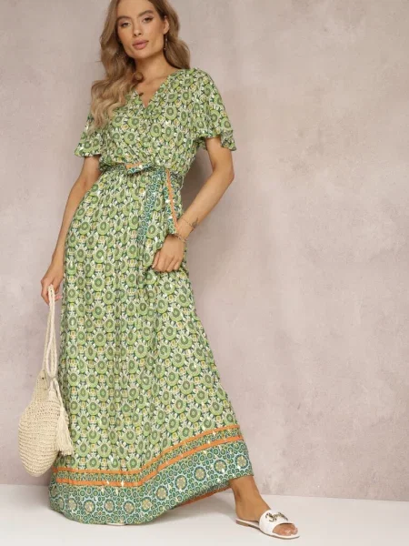 Sukienka Maxi z i Gumką w Talii w Ornamentalny Wzór Calvim zielona