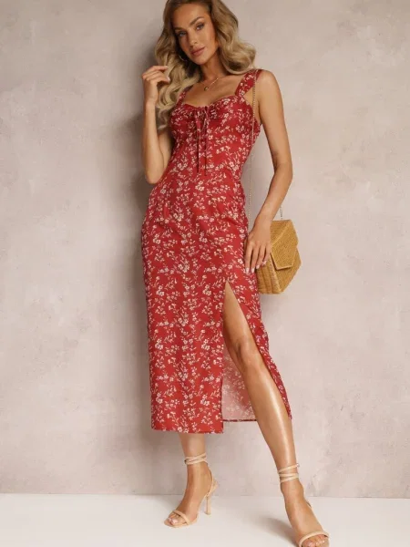 Rochie Midi Visinie cu Imprimeu Floral Gllerdia bordo