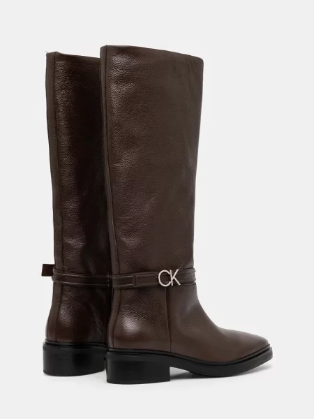 Calvin Klein bőr csizma HEEL KNEE BOOT 30 W/HW LTH barna