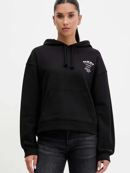 Dukserica Tommy Jeans za žene s kapuljačom s tiskom crna