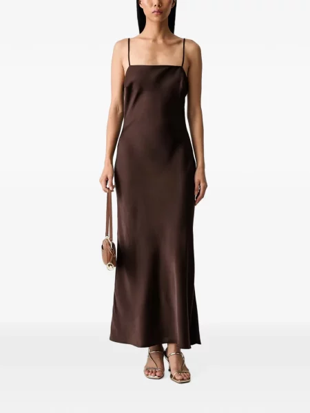 Rochie maxi Bardot din satin cu bretele maro