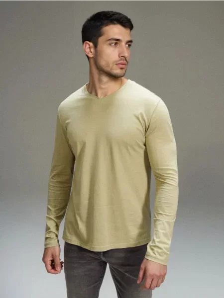 Sinsay koszulka z długim rękawem i dekoltem V zielony