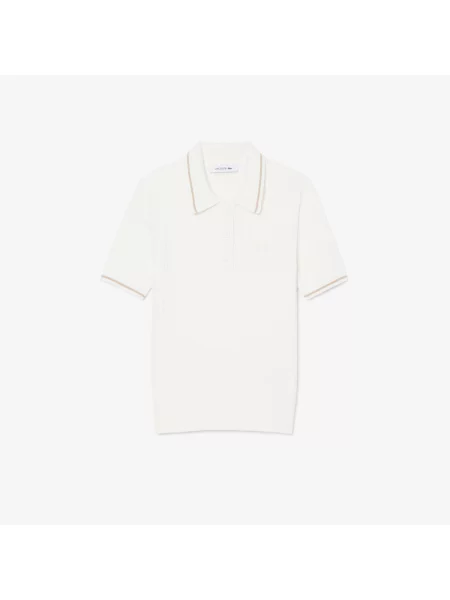 Lacoste Sweter Z Golfem W Prążki Warkoczowa Kremowy biały