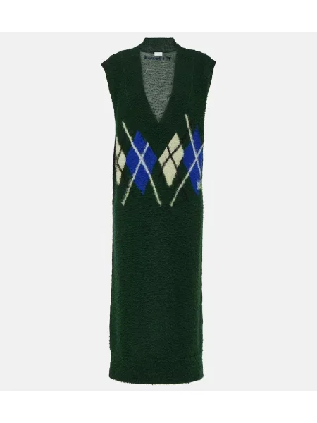Sukienka maxi Burberry wełniana z wzorem argyle garniturowa zielona