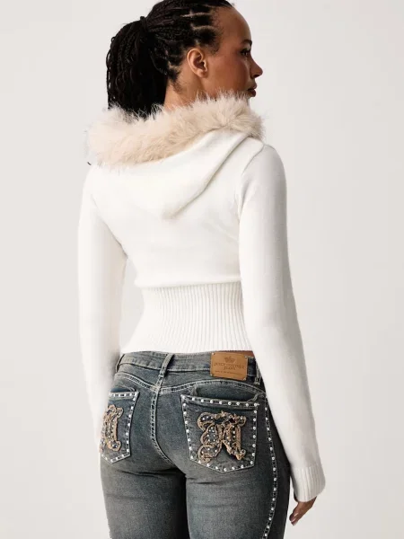 Juicy Couture női kardigán viszkózzal KNIT JUICY DIAMANTE WITH FUR TRIM bézs