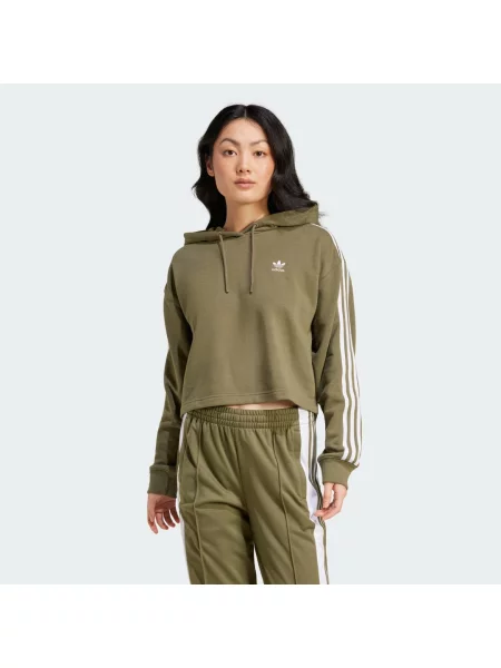 Krótka bluza z kapturem Adidas w paski khaki