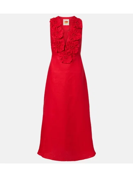 Lniana sukienka midi Farm Rio w kwiatki do kolan czerwona