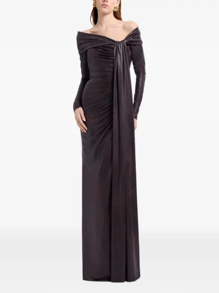 Rochie maxi Elie Saab drapată cu umerii deschiși maro