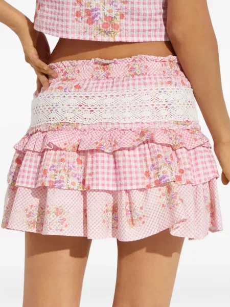 Fusta mini Loveshackfancy cu model floral din dantelă roz