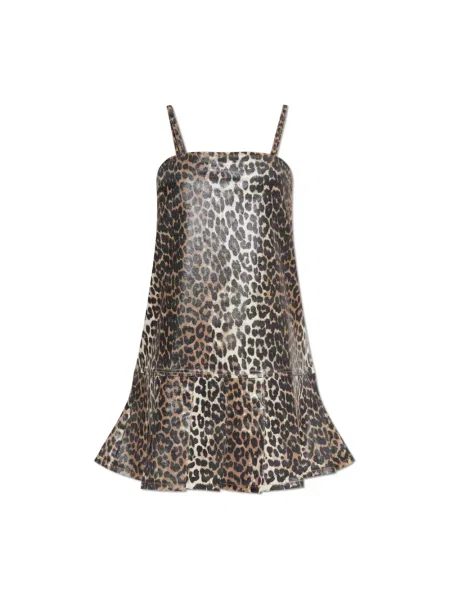 Mała sukienka jeansowa Ganni z nadrukiem garniturowa brązowa