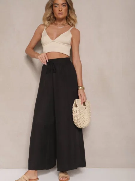 Szerokie Spodnie High Waist Ozdobione Wiązaniem Telonia czarne