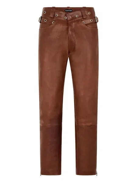 Pantaloni Tom Ford din piele cu cataramă maro
