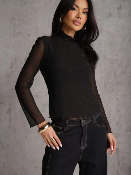 Siateczkowa Bluzka Longsleeve z Golfem o Dopasowanym Kroju Yenlea czarna