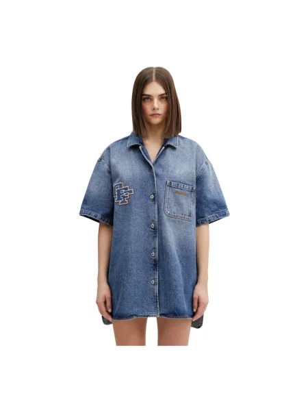 Off-White Royal Patch Denim sukienka z efektem sprania jeansowa biała