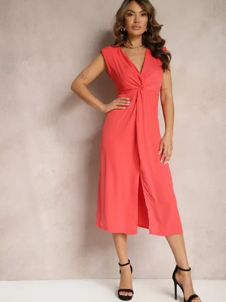 Rochie midi cloș cu nod decorativ și crăpătură Zanondia roșie