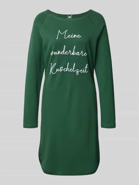 Koszula nocna o kroju regular fit z wyhaftowanym napisem model ‘Kuschelig’ Louis & Louisa zielona
