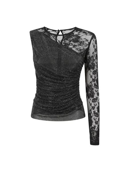 Top Self-portrait asymetryczny koronkowy z kamieniami czarny