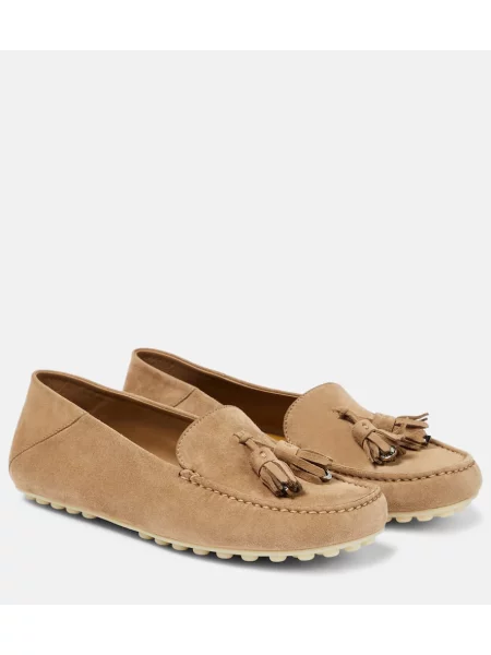 Mocasini Loro Piana din piele de căprioară cu buline bej