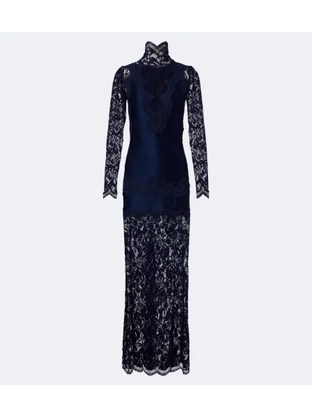 Rochie maxi Rabanne cu guler înalt din dantelă albastru