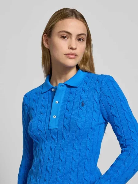 Sweter z dzianiny ze ściegiem warkoczowym i kołnierzykiem polo Polo Ralph Lauren niebieski