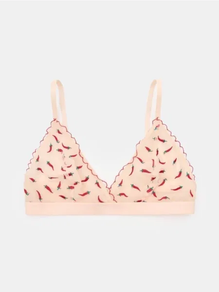 Бюстгальтер з вишивкою перців чилі на ніжній сітці з мереживним оздобленням кремовий