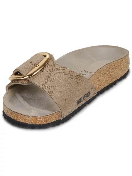 Papuci Birkenstock cu cataramă cu toc plat bej