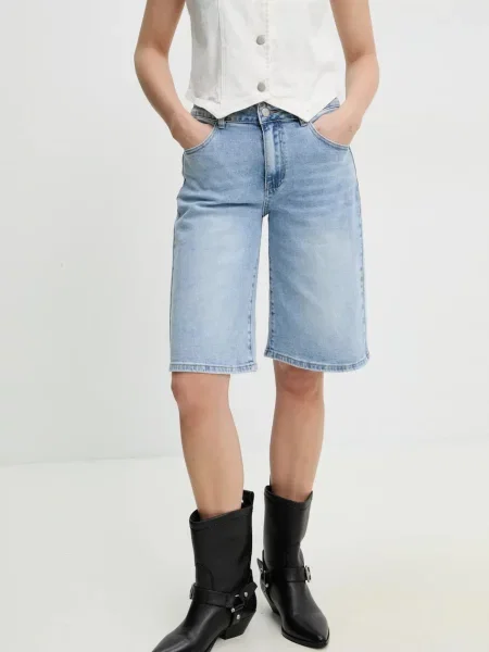 Дънков къс панталон Answear Lab с изчистен дизайн с висока талия синьо