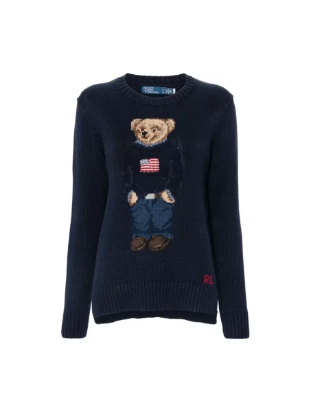 Sweter z dzianiny z motywem i okrągłym dekoltem Ralph Lauren niebieski