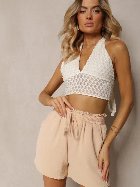 Casualowe Szorty Bermudy High Waist Wykończone Gumką w Pasie Otanea beżowe